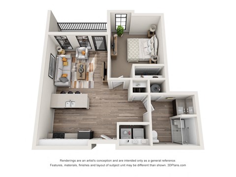 Floor plan for 1 bed, 1 bath, 684 sqft